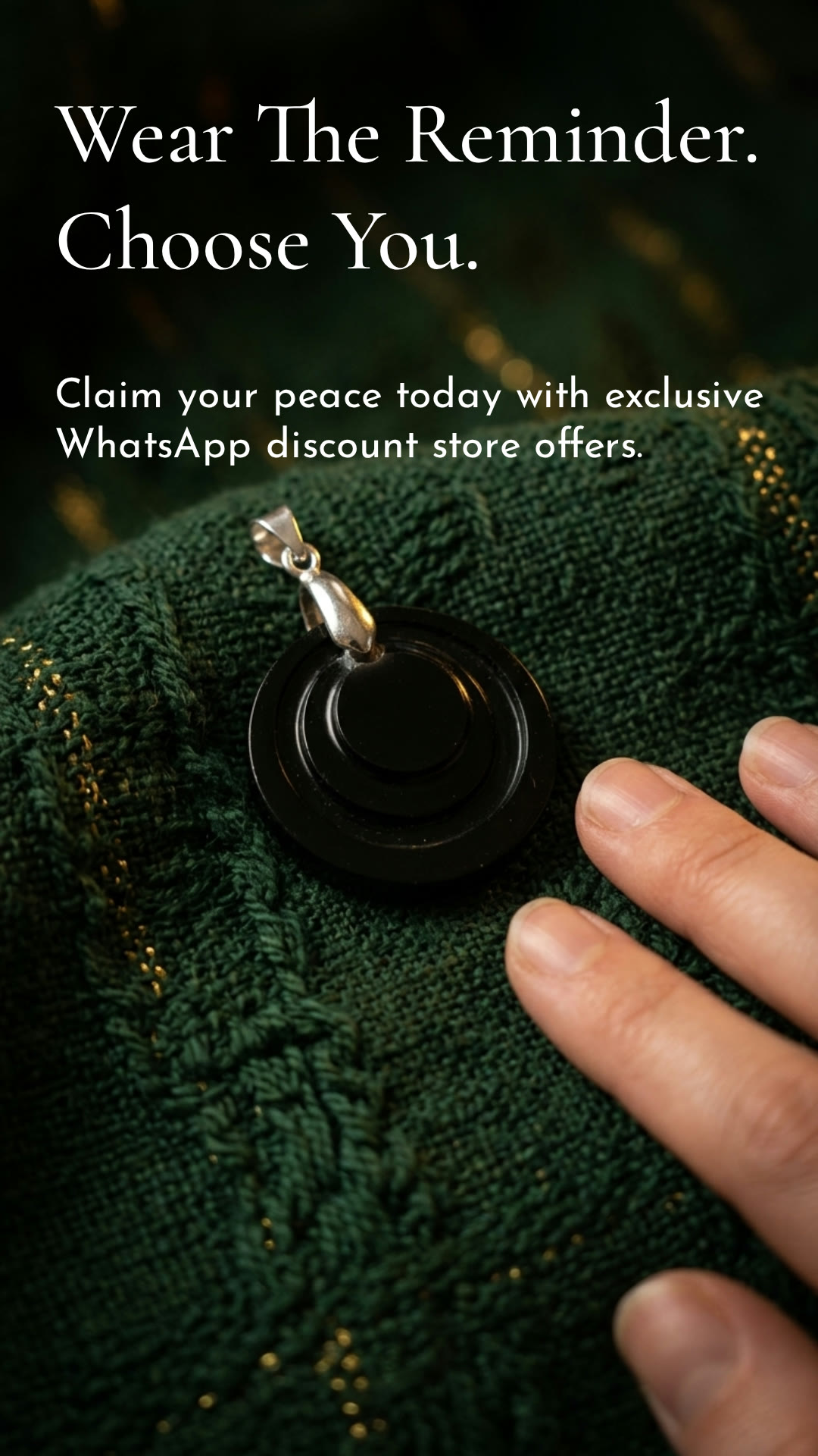 Wear the reminder. Choose you. The EarthCell pendant worn on green knitwear.
